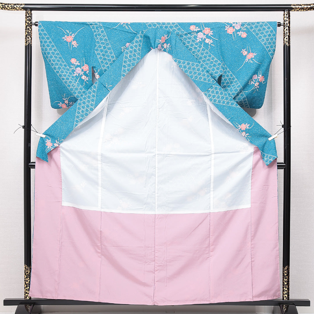 洗える着物 小紋 袷 身丈163cm 裄丈64cm ポリエステル Aランク インフォーマル 広衿 Lサイズ 籠目 花柄 青系 HP 1221-15071