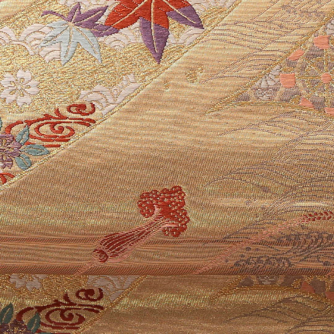 袋帯 帯丈430cm 正絹 六通 フォーマル 熨斗 雪輪 吉祥文様 金系 1243-02054