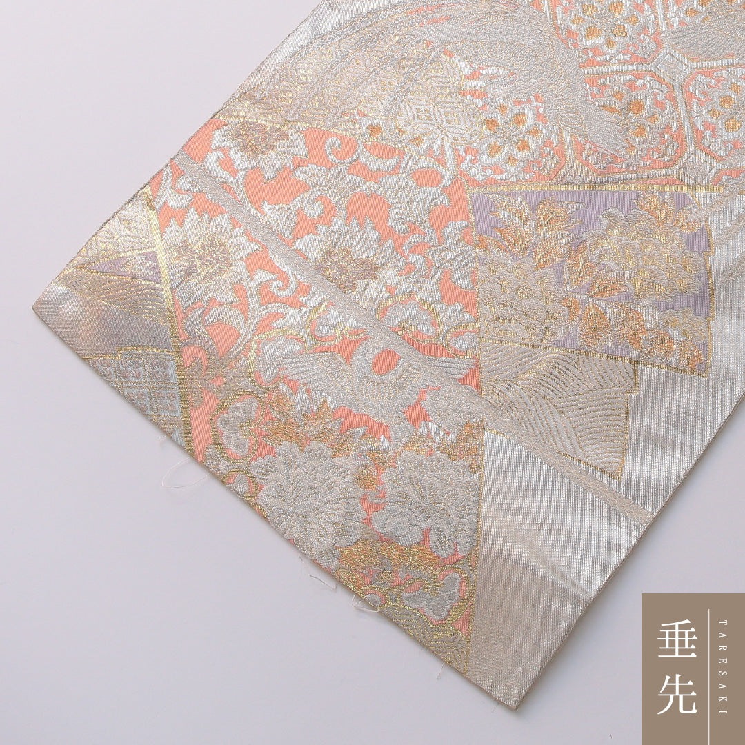 袋帯 帯丈428cm 正絹 六通 フォーマル 裂取り 鳳凰 クリーム系 金系 1243-01939