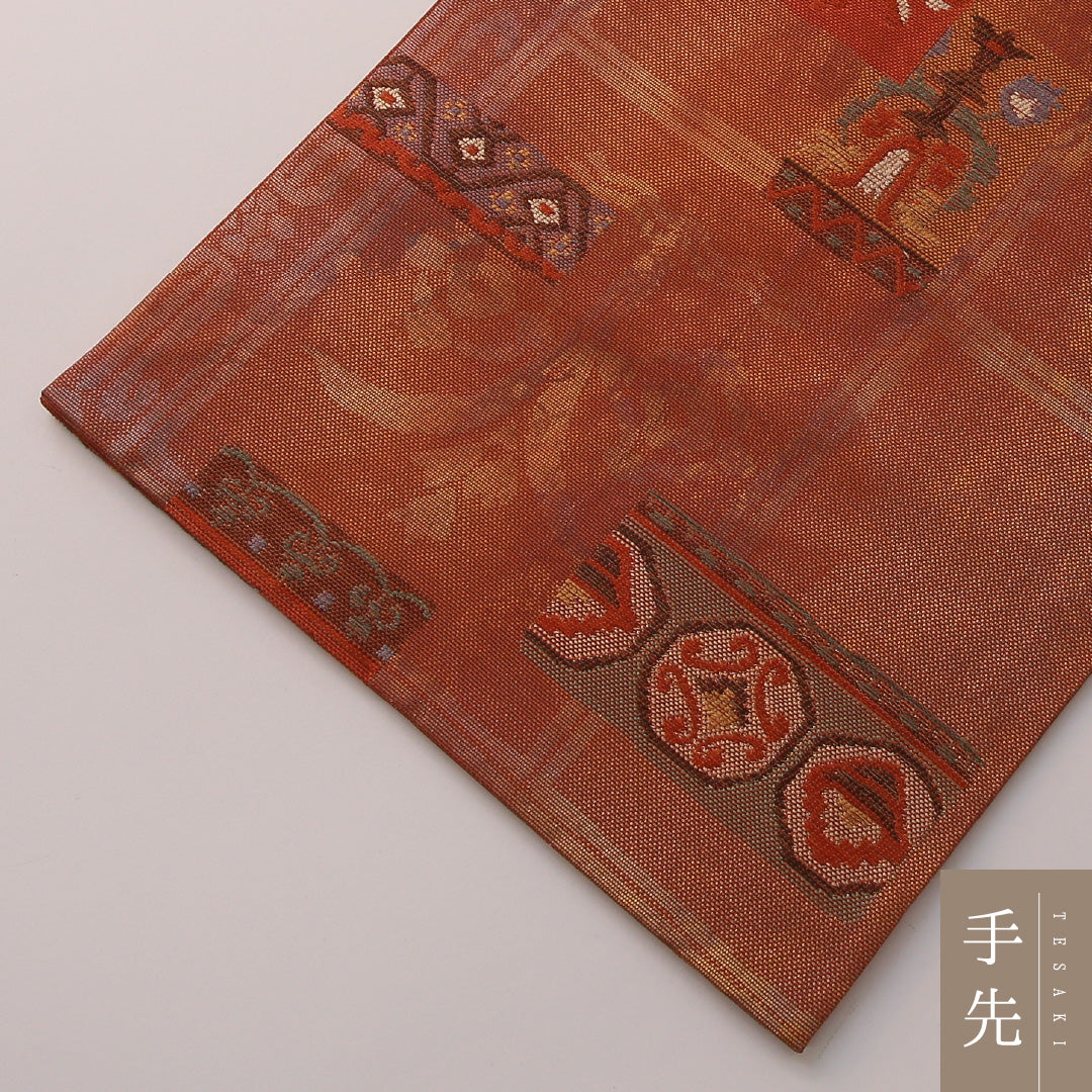 袋帯 帯丈428cm セミフォーマル 六通 Aランク 正絹 創作柄 朱系 1223-01907