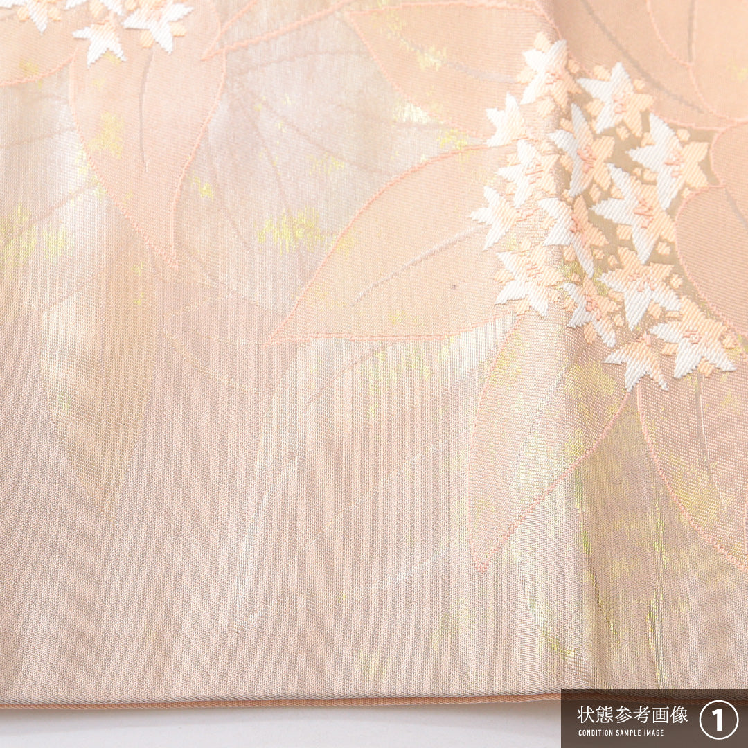 九寸名古屋帯 Aランク 帯丈355cm 正絹 六通 名古屋仕立て 織り セミフォーマル 紫陽花 ピンク系 RP 1245-03740