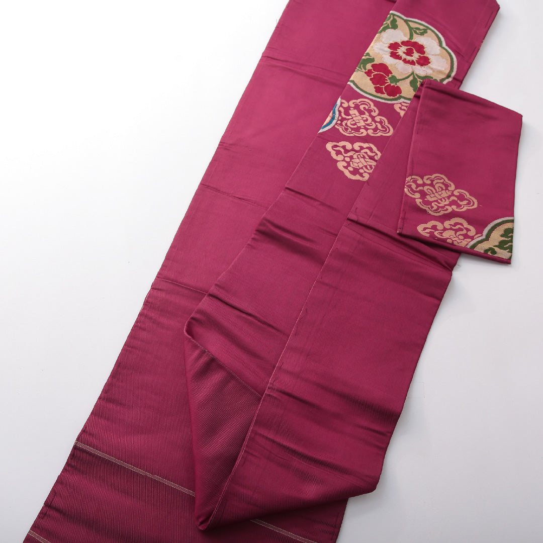 アンティーク 九寸名古屋帯 帯丈315cm 名古屋仕立て ポイント柄 Cランク 正絹 牡丹 紫系 赤系 1224-03810