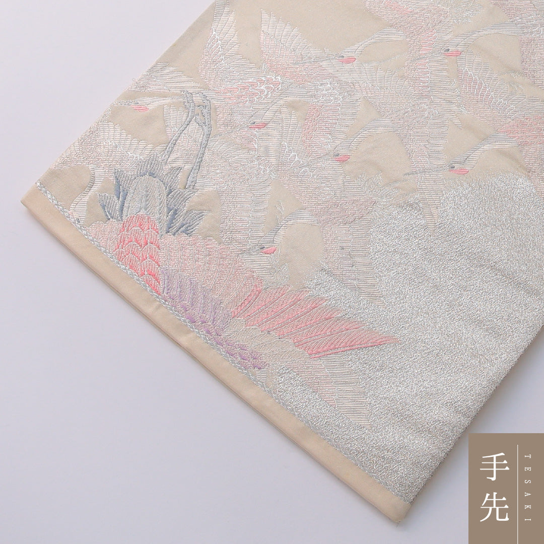 袋帯 帯丈432cm 正絹 六通 フォーマル 琳派 鶴 白系 銀系 1243-01947