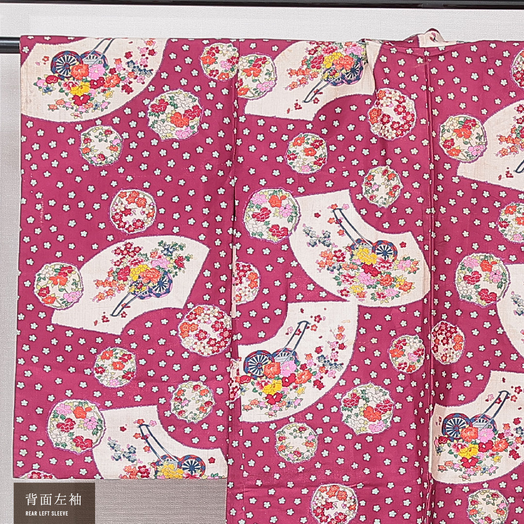 アンティーク 羽織（紬） 袷 身丈93cm 裄丈63cm 正絹 Cランク Sサイズ 後染め 扇 牡丹 紫系 1217-15324