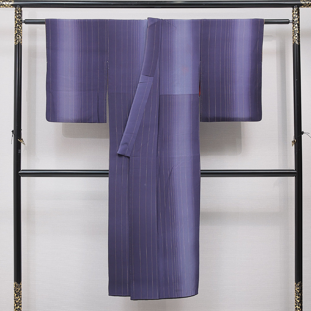 アンティーク 小紋 袷 身丈138cm 裄丈62cm 正絹 Dランク バチ衿 XSサイズ 縞 紫系 RP 1221-15355