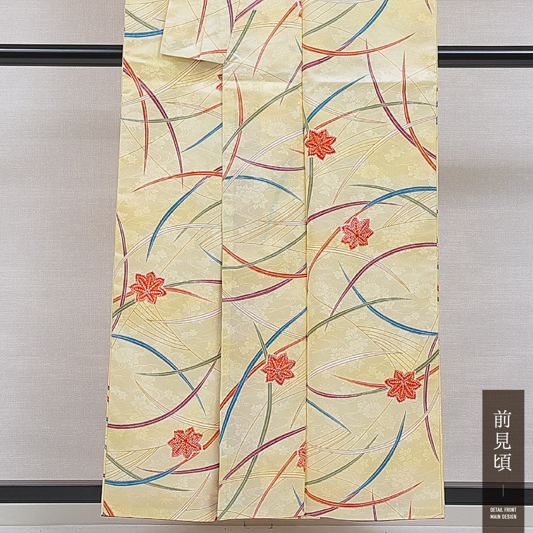 洗える着物 小紋 袷 身丈156cm 裄丈64cm ポリエステル Aランク インフォーマル 広衿 Mサイズ 芝草 紅葉 黄系 HP 1221-16381