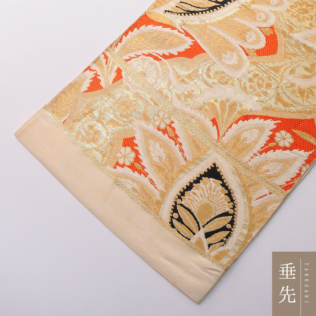 アンティーク 袋帯 帯丈412cm 六通 未仕立て 帯芯なし Cランク 正絹 植物柄 金系 1223-01991