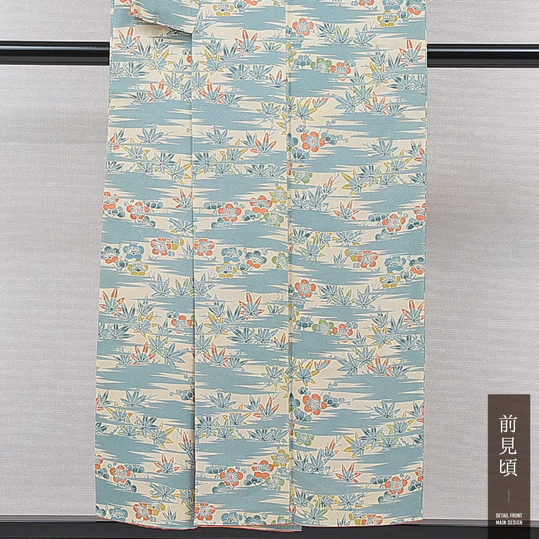 小紋 袷 身丈150cm 裄丈61cm 正絹 Sランク インフォーマル 広衿 Sサイズ 梅 紅葉 クリーム系 RP 1221-15518