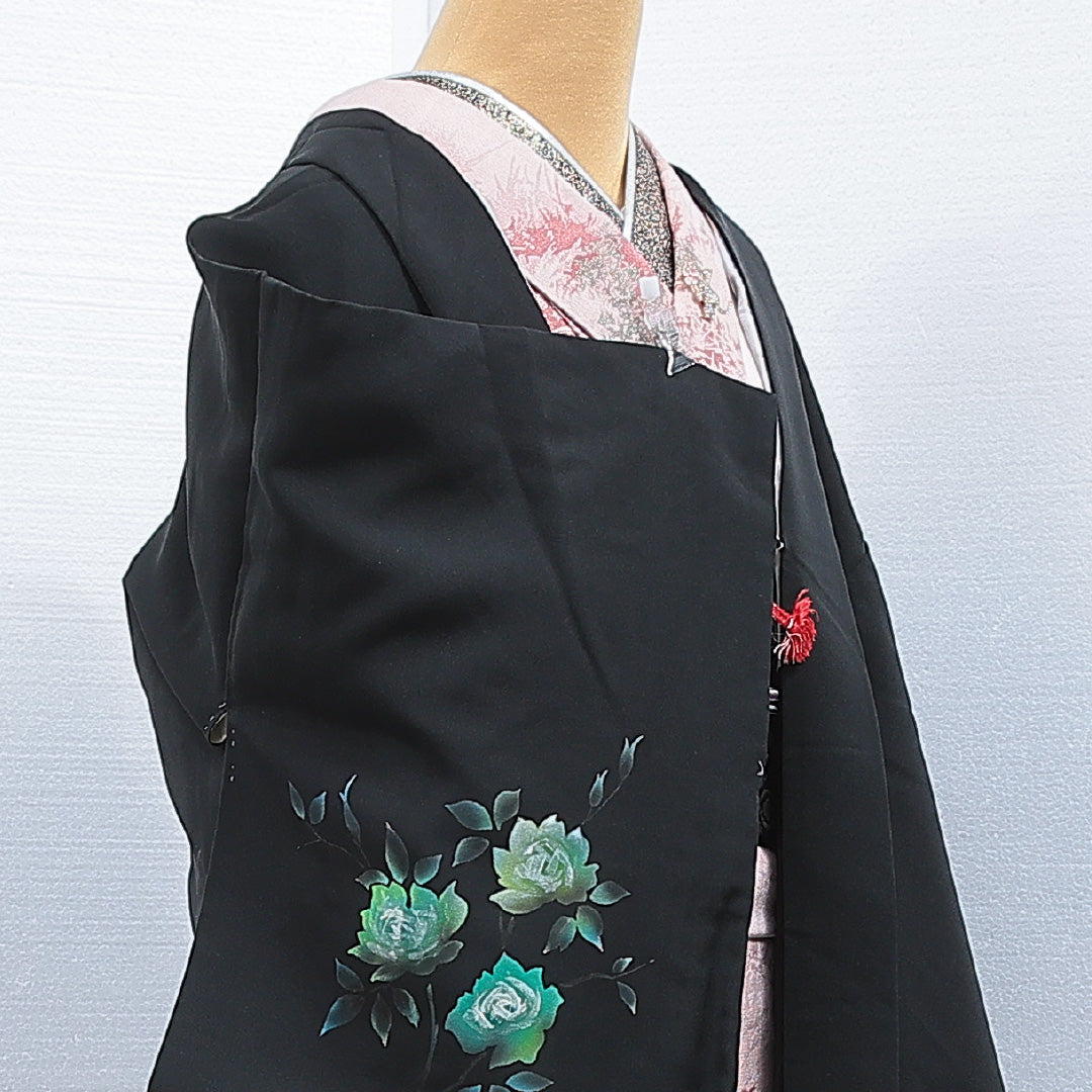 黒羽織 袷 身丈76cm 裄丈63cm 正絹 Aランク インフォーマル Sサイズ 紐あり 薔薇 黒系 RP 1233-16831