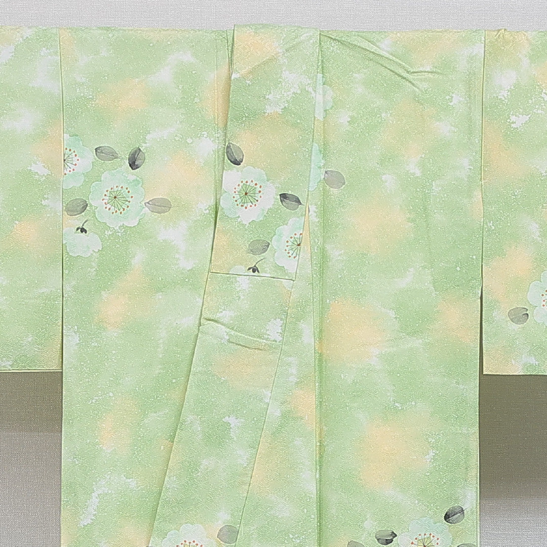 小紋 洗える着物 袷 身丈155cm 裄丈62cm ポリエステル Sランク Mサイズ 広衿 インフォーマル 七宝 桜 緑系 1215-16396