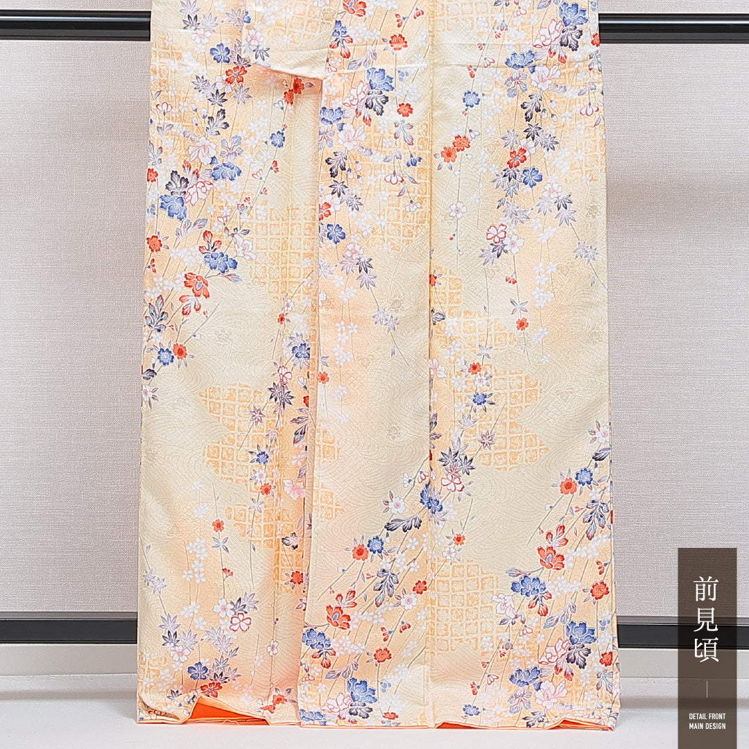 洗える着物 小紋 袷 身丈164cm 裄丈64cm ポリエステル Sランク 紋意匠 (吉祥文様) インフォーマル 広衿 Lサイズ 桜 紅葉 クリーム系 RP 1221-16012