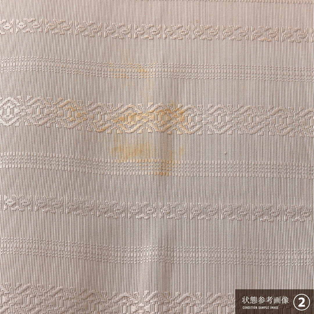 八寸名古屋帯 帯丈376cm インフォーマル 開き仕立て 全通 Bランク 正絹 本場筑前博多織 献上柄 ベージュ系 グレー系 1224-03943