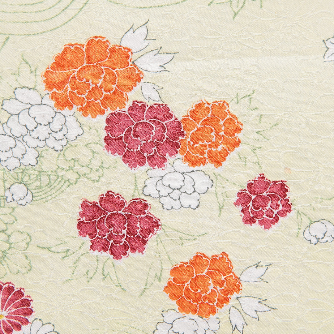 小紋 洗える着物 袷 身丈150cm 裄丈65cm ポリエステル Cランク Sサイズ 広衿 インフォーマル 流水 牡丹 クリーム系 1215-15834