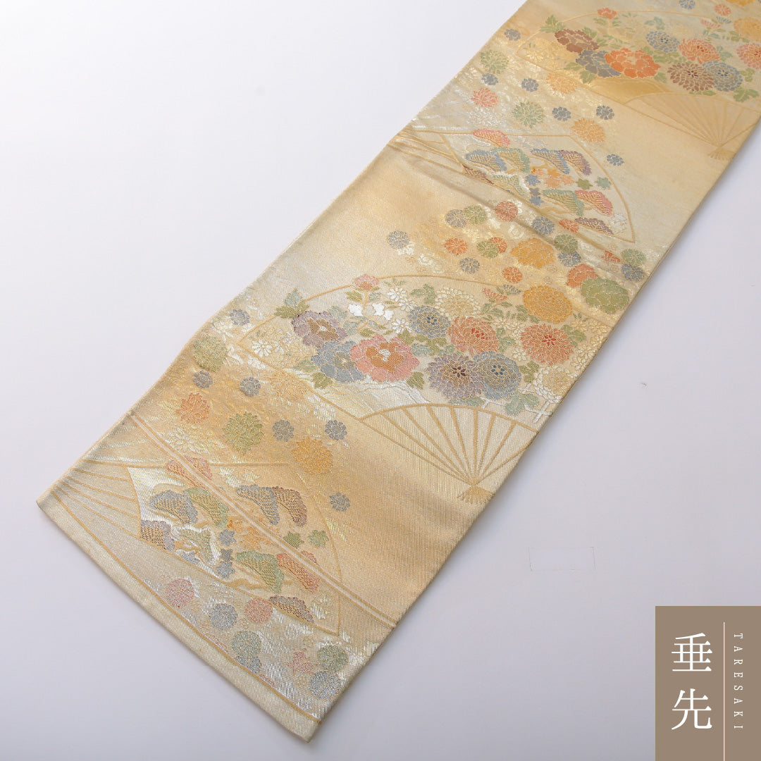 袋帯 帯丈418cm 正絹 六通 帯芯なし フォーマル 綴れ織 扇面文 金系 1243-02031