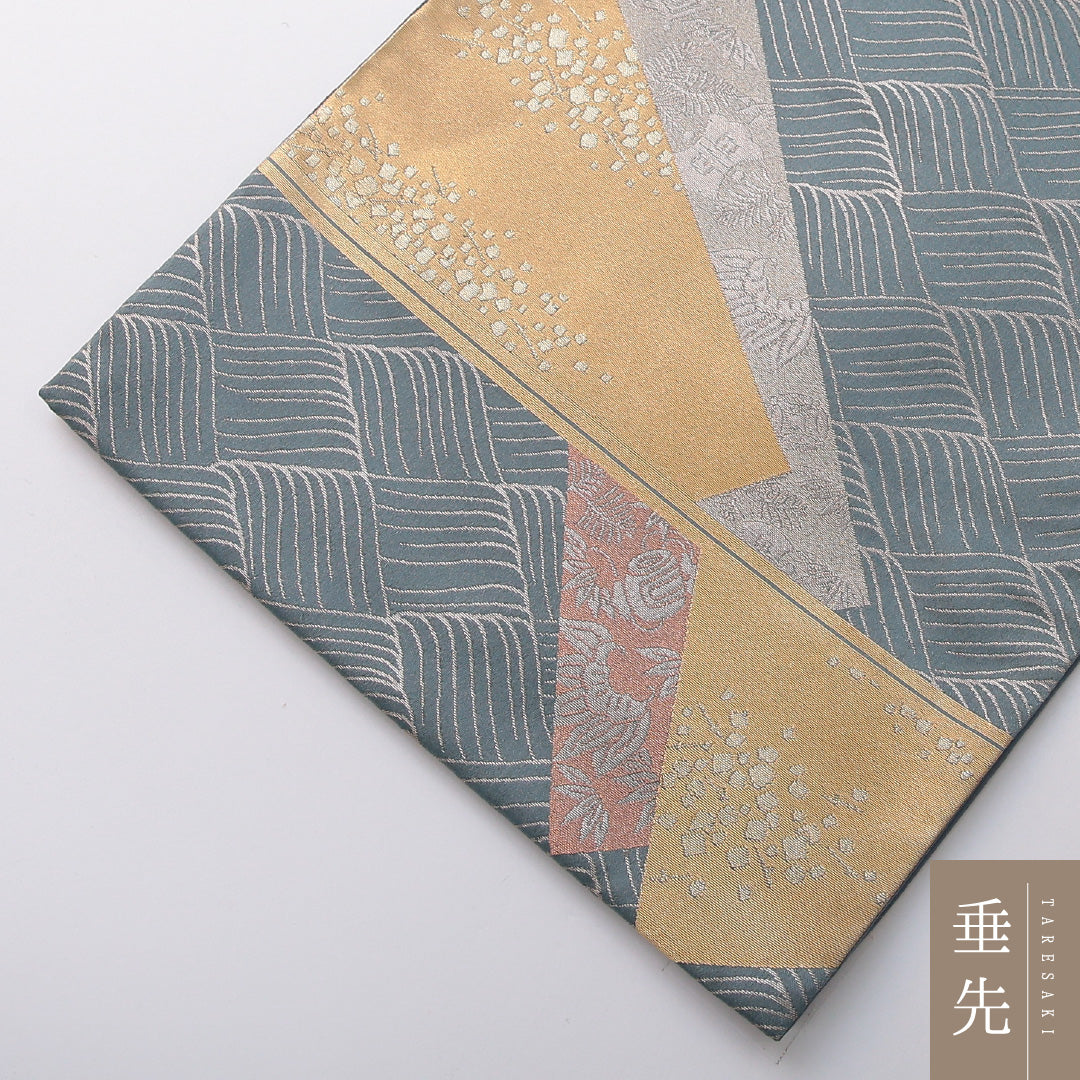 袋帯 帯丈436cm フォーマル 六通 Sランク 正絹 創作柄 青系 1223-02070