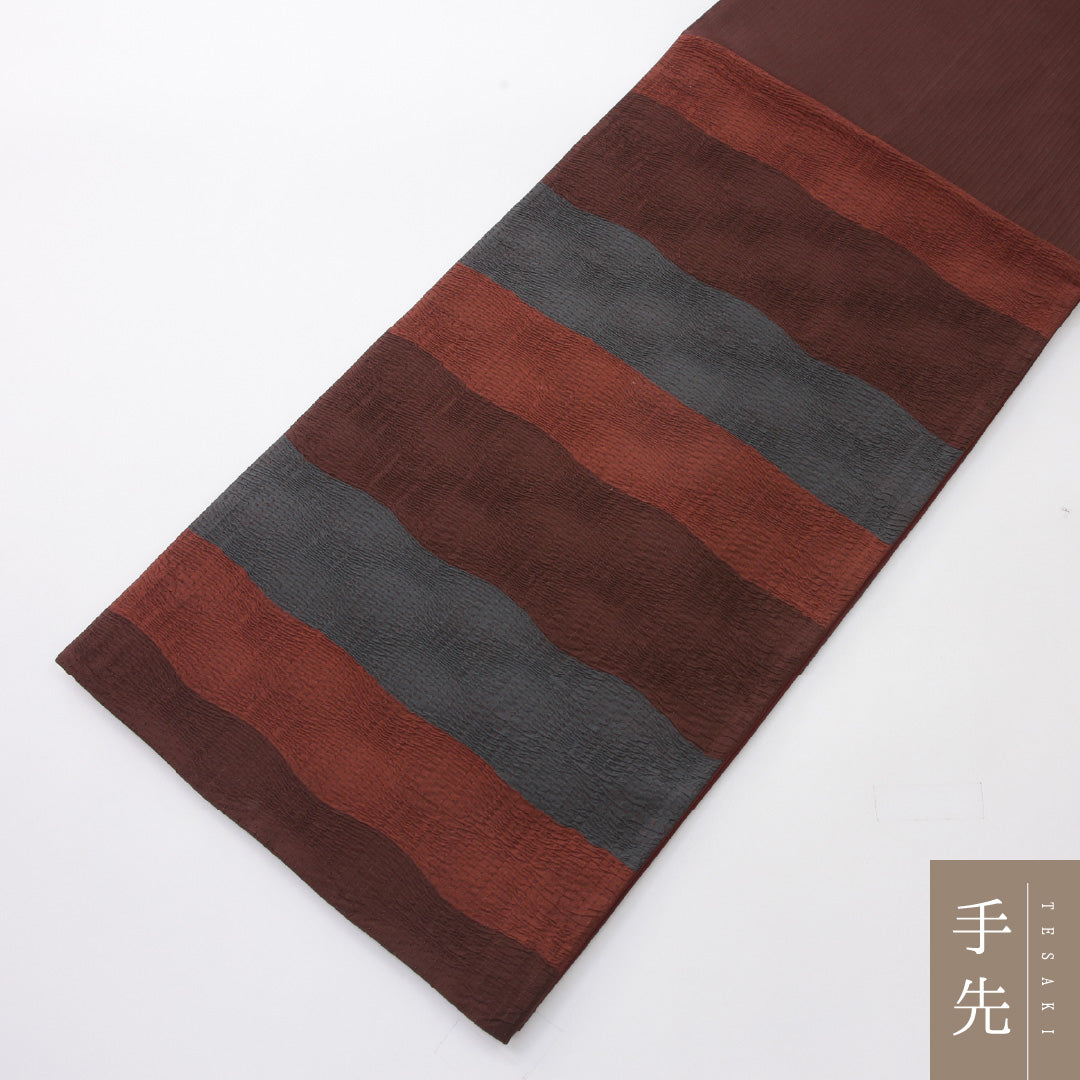 袋帯 帯丈436cm インフォーマル 六通 帯芯なし Sランク 正絹 ふくれ織 よろけ縞 赤系 1223-02240