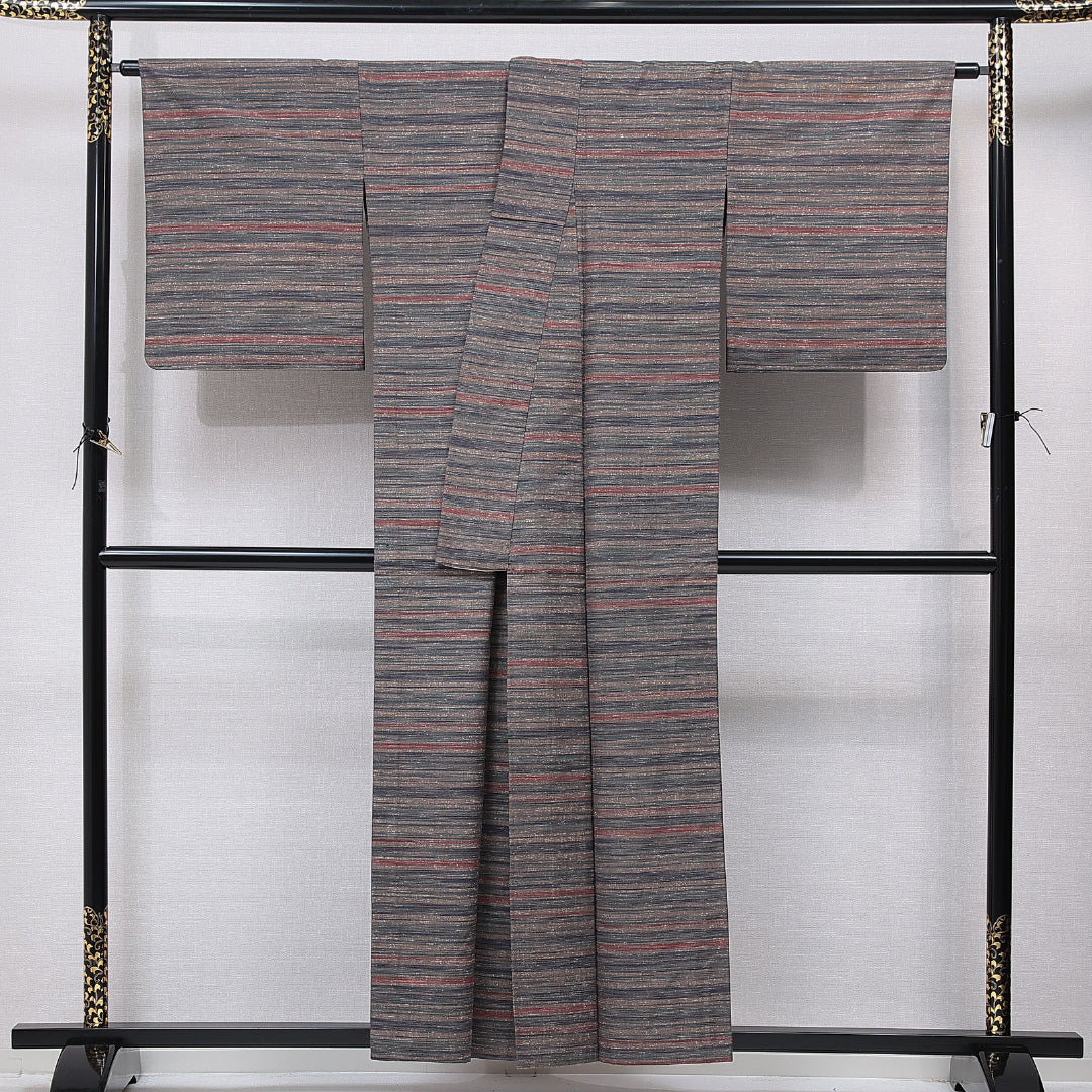 紬 単衣 身丈155cm 裄丈66cm 正絹 Cランク カジュアル 広衿 Mサイズ 肩当て 縞 茶系 LP 1223-15538