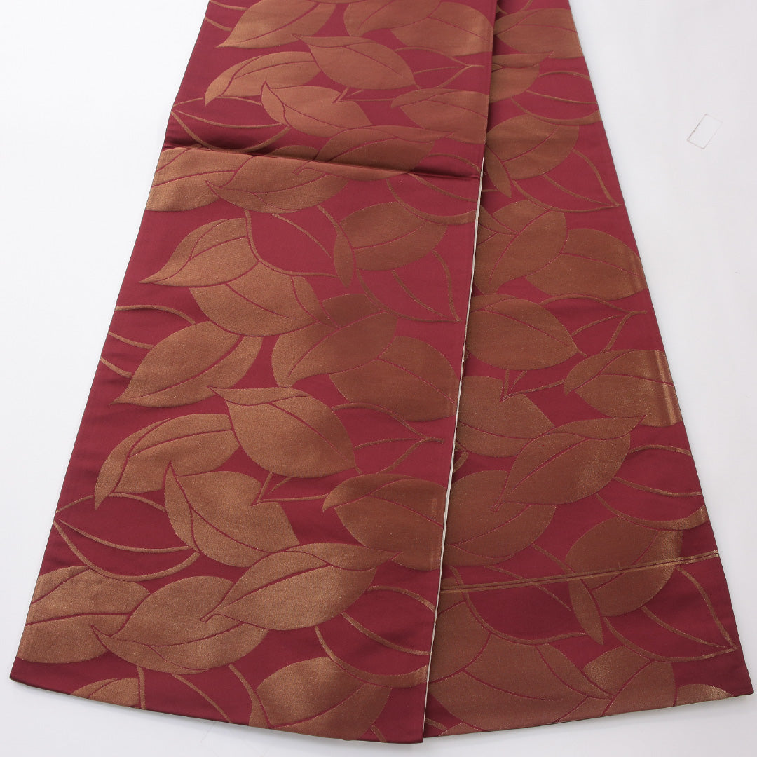 袋帯 帯丈424cm セミフォーマル 全通 リバーシブル 帯芯なし Sランク 正絹 植物柄 クリーム系 赤系 1223-02241