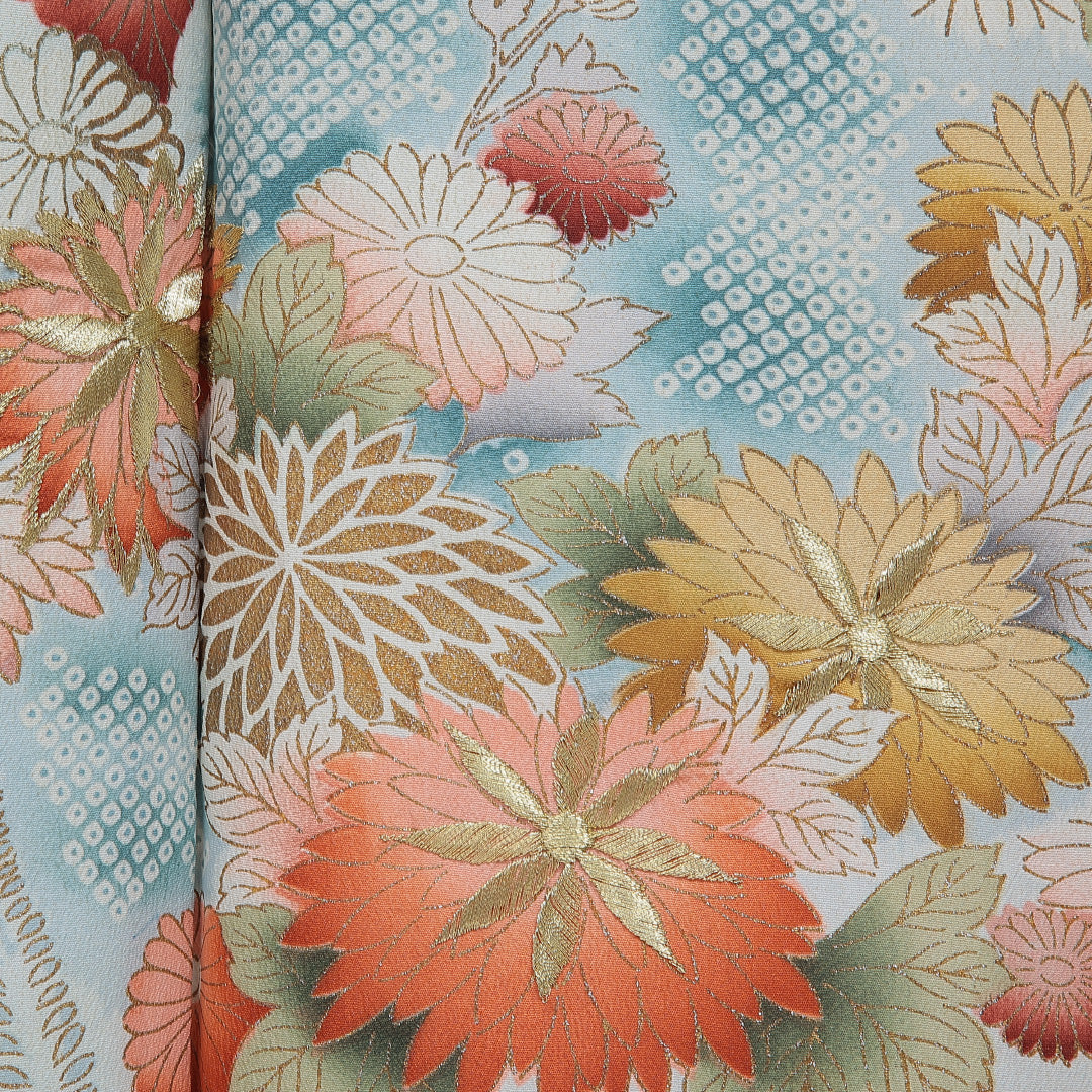 訪問着 洗える着物 袷 身丈160cm 裄丈64cm ポリエステル Cランク Lサイズ バチ衿 セミフォーマル 菊 桐 刺繍 水色系 1212-16096