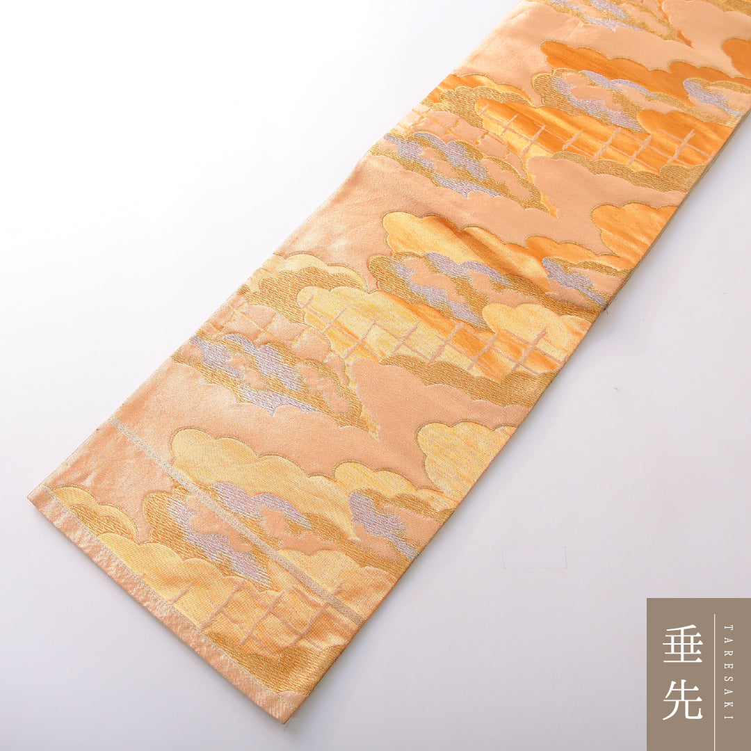 袋帯 帯丈400cm 正絹 六通 フォーマル 雲取り 吉祥文様 金系 朱系 1243-02122