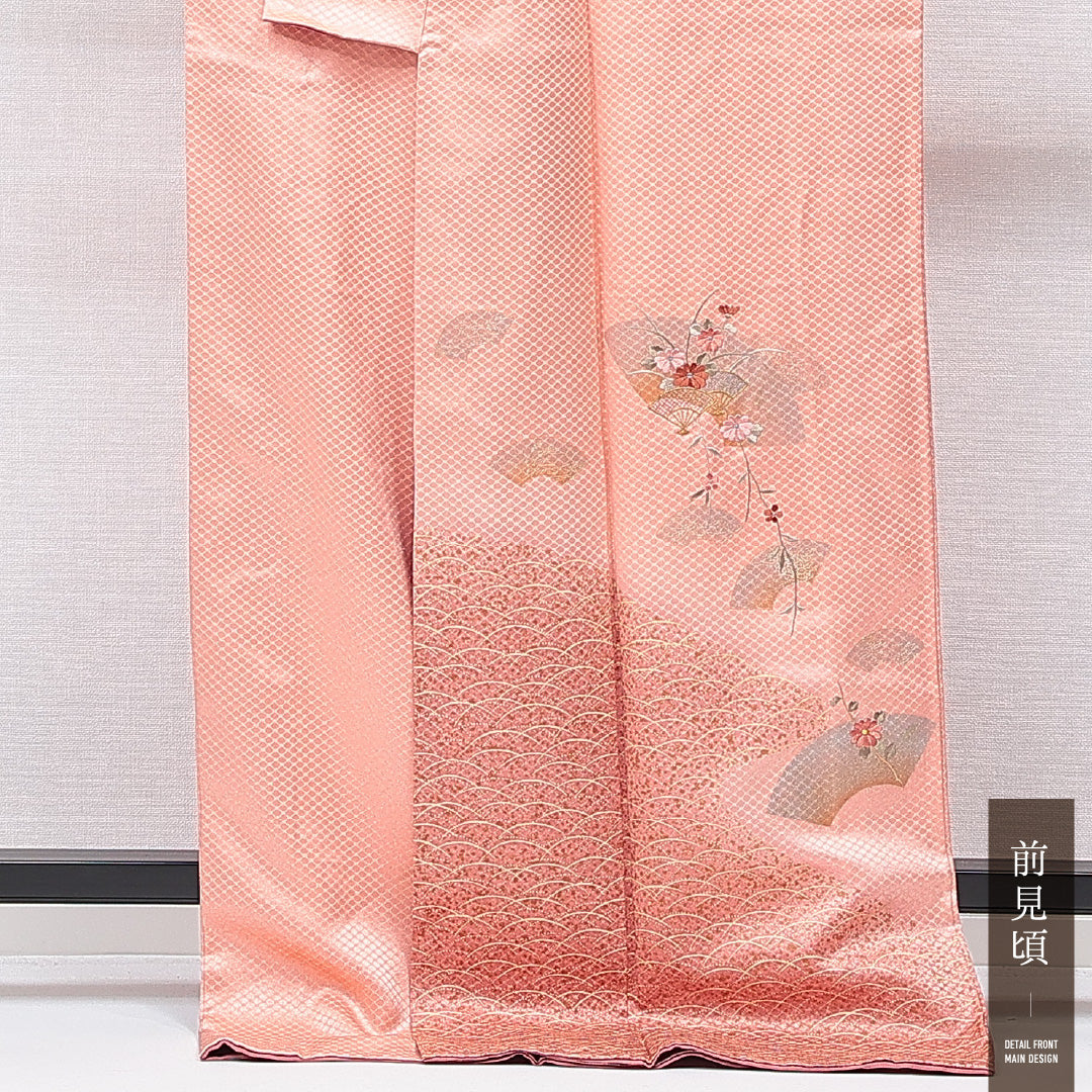 付下げ 袷 身丈169cm 裄丈67cm 正絹 Sランク インフォーマル 広衿 XLサイズ 蘇州刺繍 扇 菊 朱系 RP 1218-15541