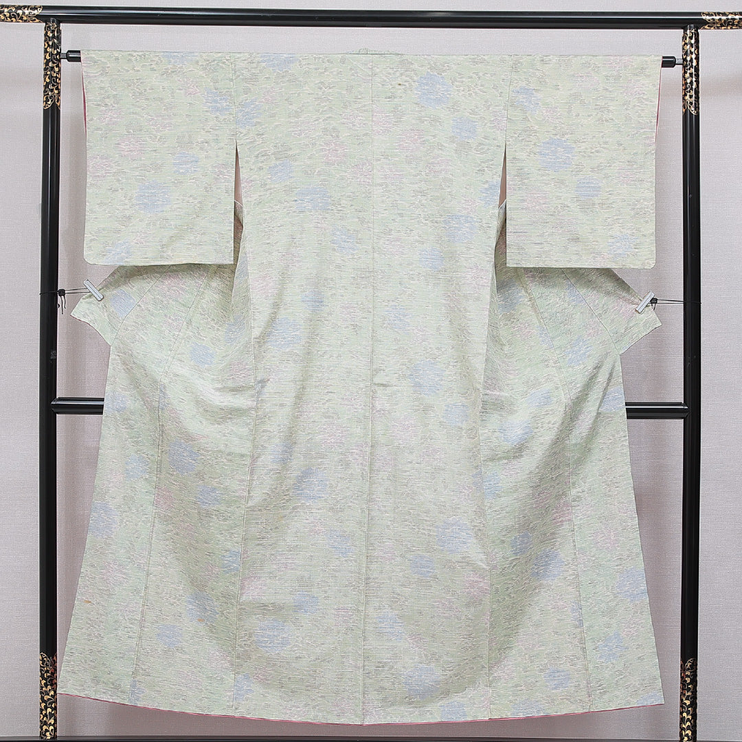 紬 袷 身丈151cm 裄丈63cm 正絹 Cランク カジュアル 広衿 Sサイズ 牡丹 緑系 HP 1223-16641