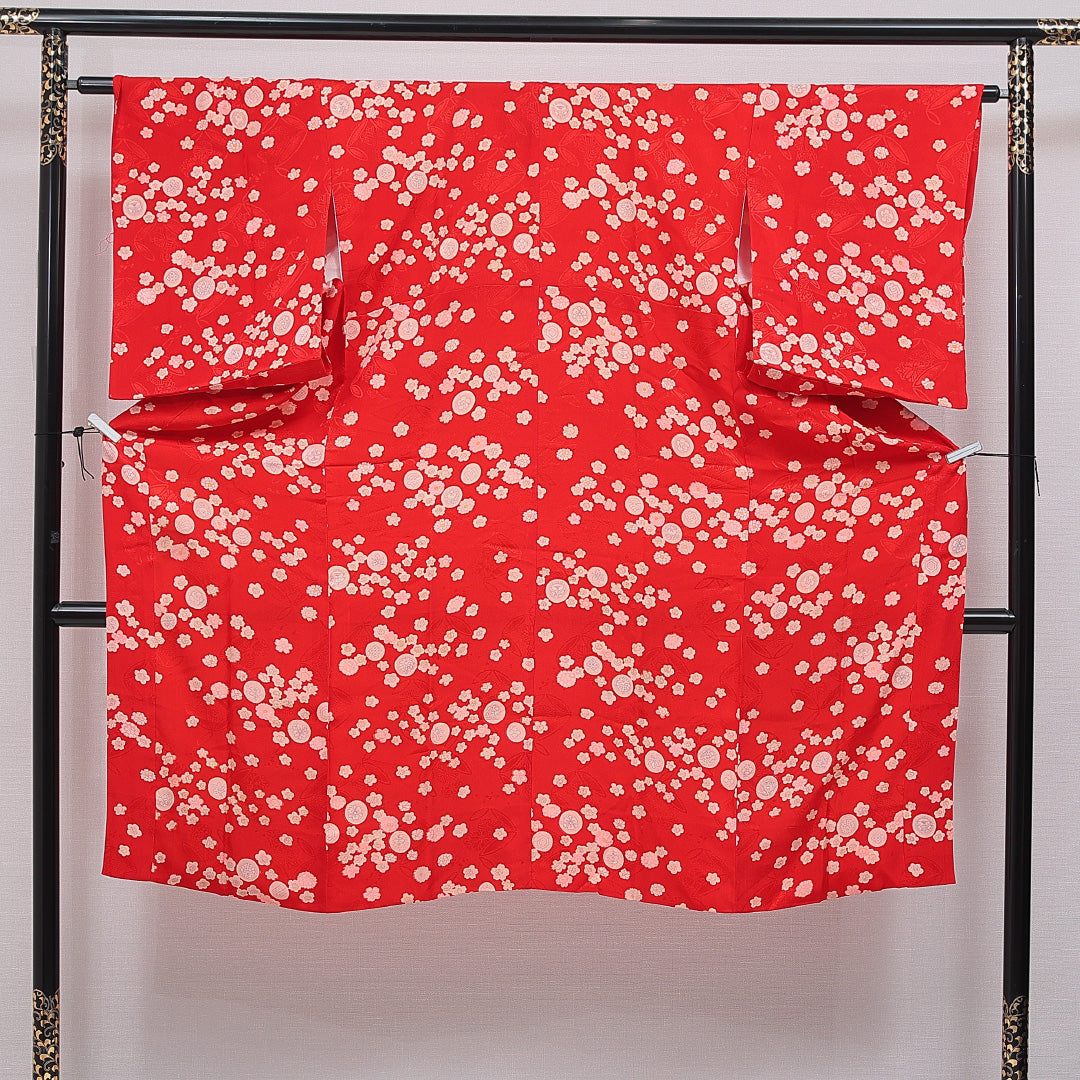 アンティーク 長襦袢 無双袖 身丈130cm 裄丈64cm 正絹 Cランク Lサイズ 桜 赤系 RP 1239-16697