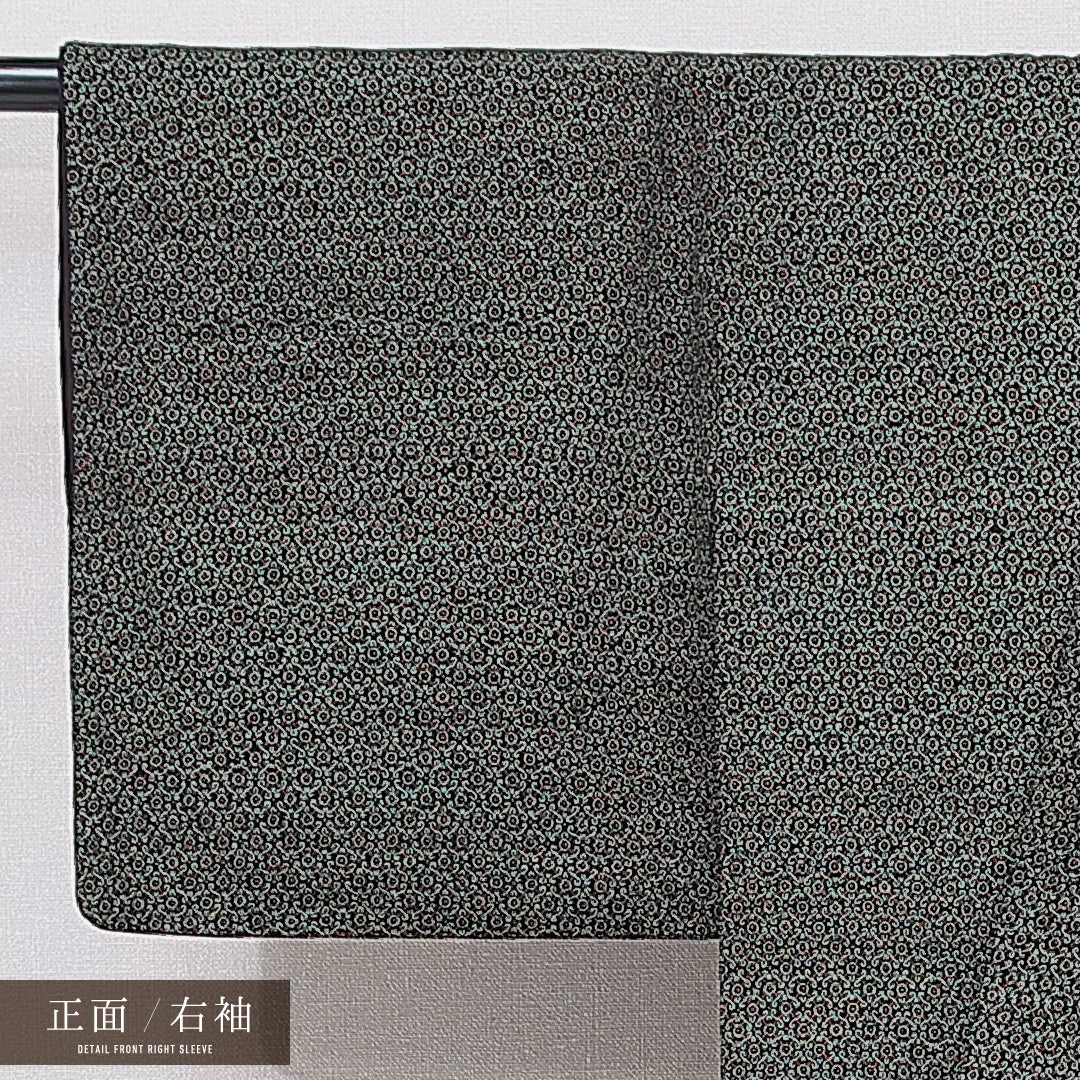 アンティーク 小紋 袷 身丈148cm 裄丈60cm 正絹 Cランク XSサイズ バチ衿 創作柄 緑系 1215-15684