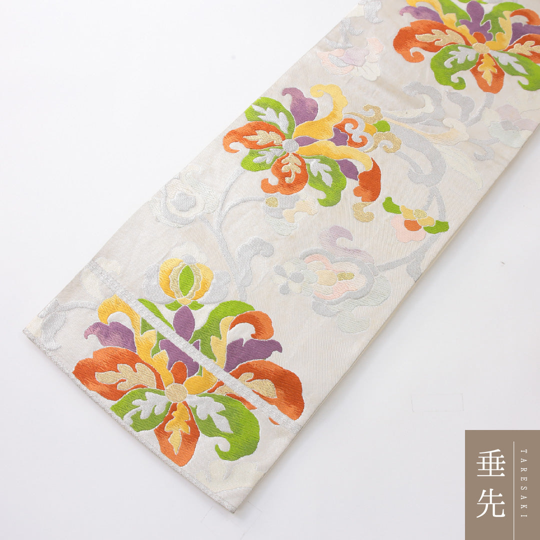 袋帯 帯丈418cm 正絹 六通 フォーマル 唐草華文 クリーム系 1243-02226