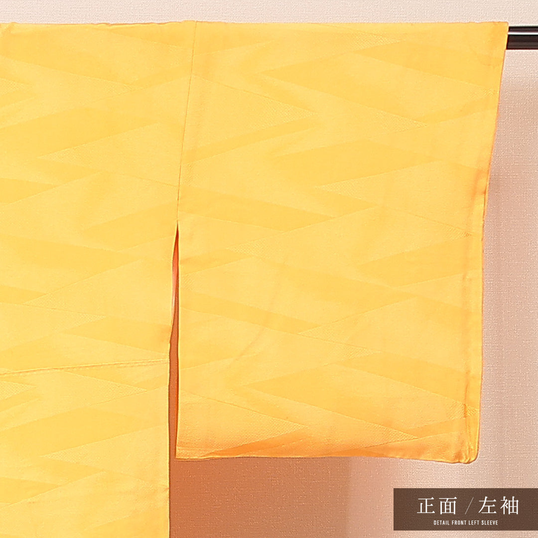 色無地 袷 身丈161cm 裄丈65cm 正絹 Cランク Lサイズ 広衿 一つ紋（丸に違い鷹の羽） セミフォーマル 紋意匠 幾何学文様 織り出し 黄系 1214-16889