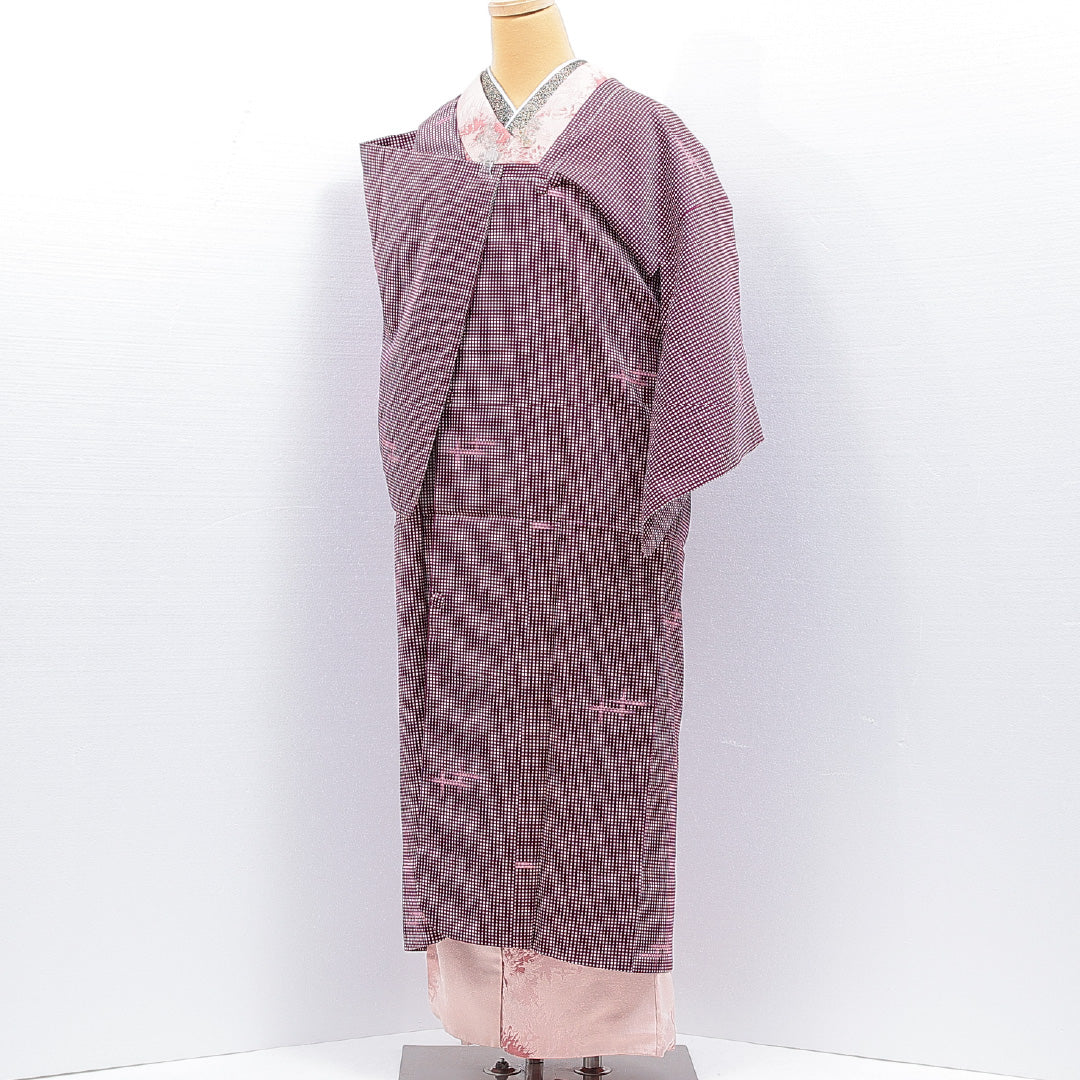 道行コート 単衣 身丈127cm 裄丈63cm 正絹 Sランク セミフォーマル Sサイズ 格子 紫系 RP 1237-16794