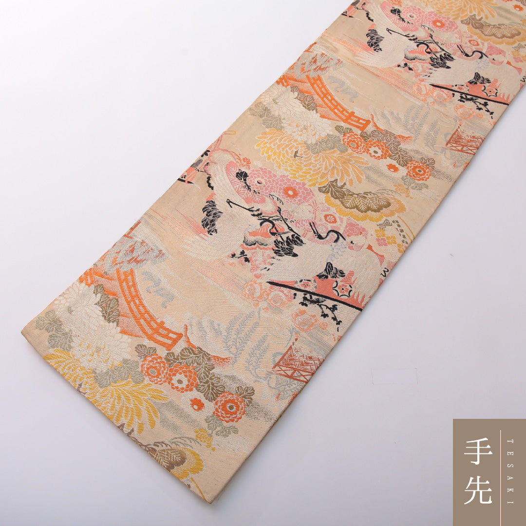 アンティーク 丸帯 帯丈380cm 全通 Cランク 正絹 鶴 菊 クリーム系 1223-02026