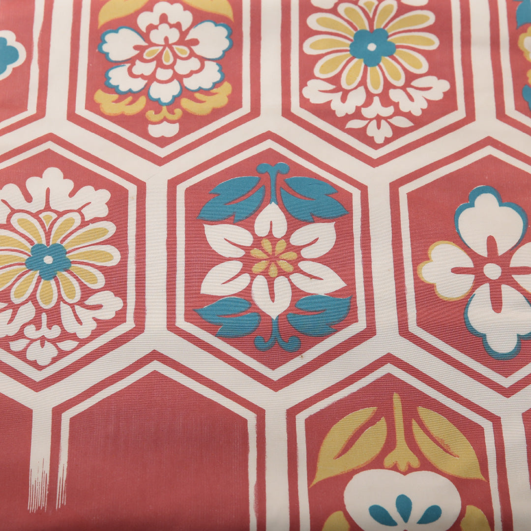 九寸名古屋帯 Cランク 帯丈339cm 正絹 全通 名古屋仕立て 染め インフォーマル 亀甲 菊 くすんだピンク系 HP 1245-03724