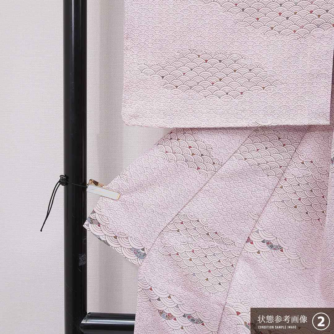 小紋 洗える着物 袷 身丈159cm 裄丈64cm ポリエステル Sランク Mサイズ 広衿 インフォーマル 青海波 紫系 1215-15789