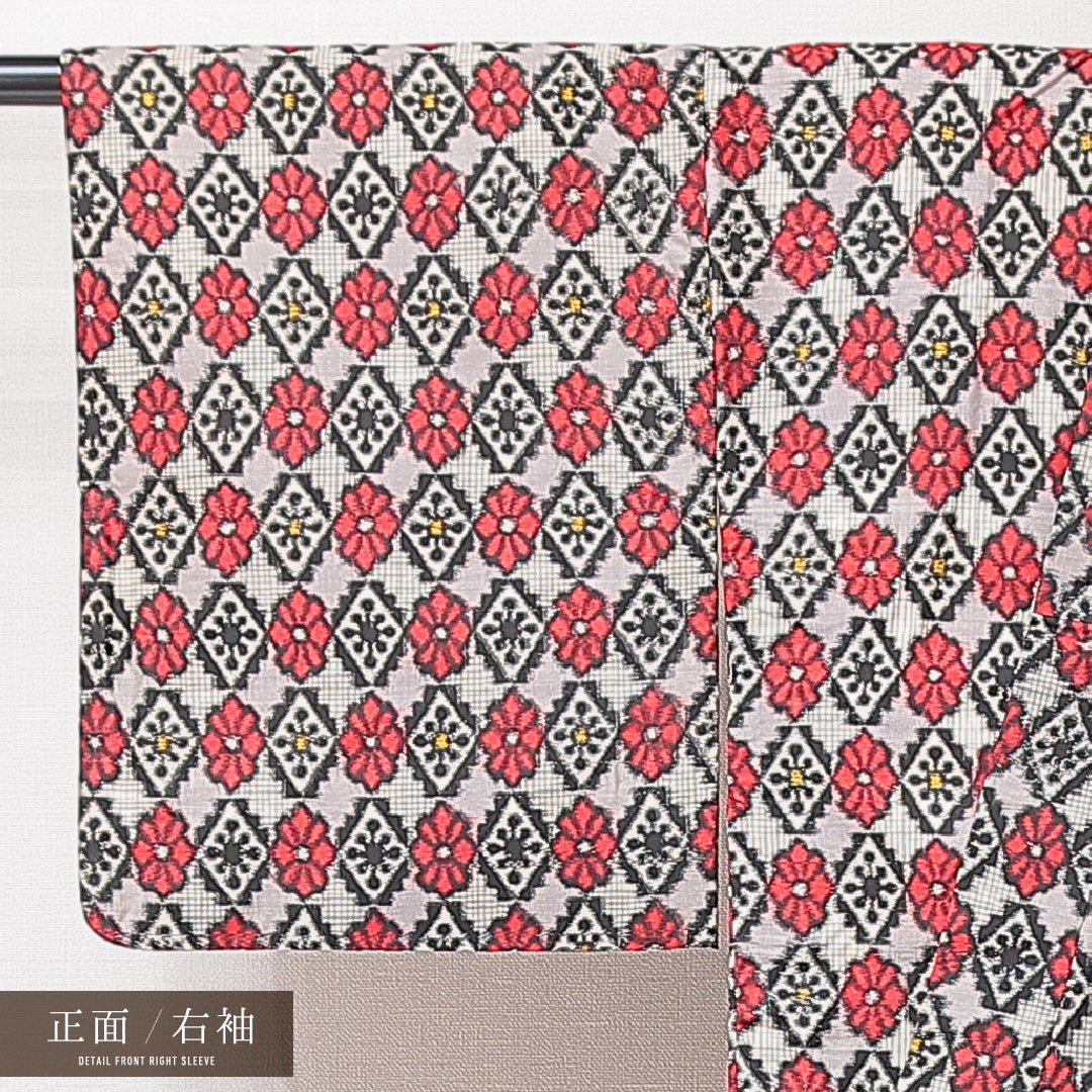 アンティーク 銘仙の着物 袷 身丈146cm 裄丈60cm 正絹 Cランク バチ衿 XSサイズ 花菱 グレー系 RP 1223-15205