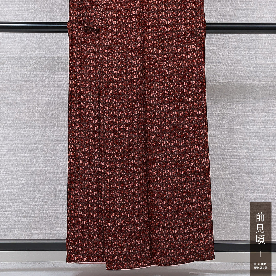 アンティーク 紬 袷 身丈156cm 裄丈63cm 正絹 Aランク Mサイズ バチ衿 ペイズリー柄 抽象柄 赤系 黒系 1216-15735