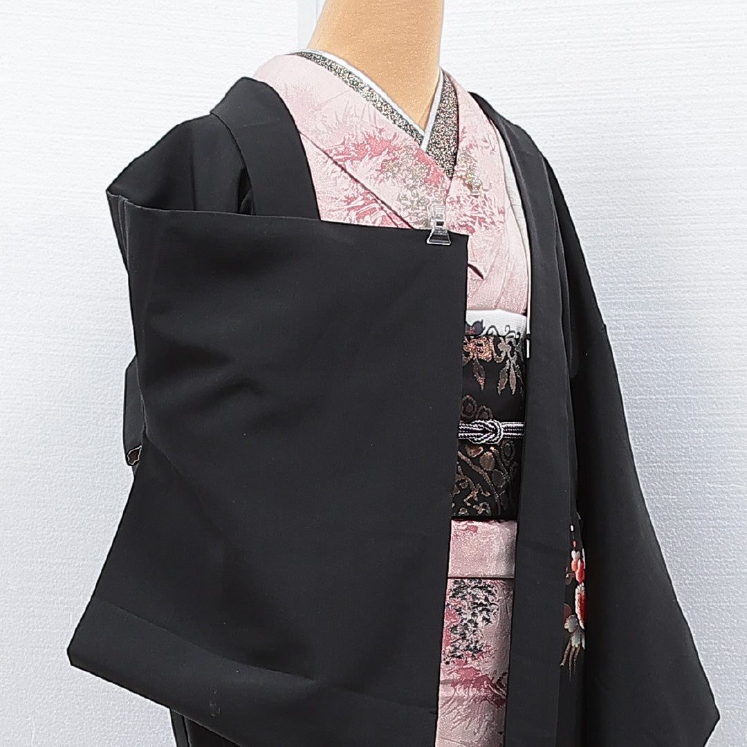 黒羽織 袷 身丈75cm 裄丈63cm 正絹 Bランク 一つ紋 (五三桐) セミフォーマル Sサイズ ぼかし染 亀甲 吉祥文様 黒系 RP 1233-15301