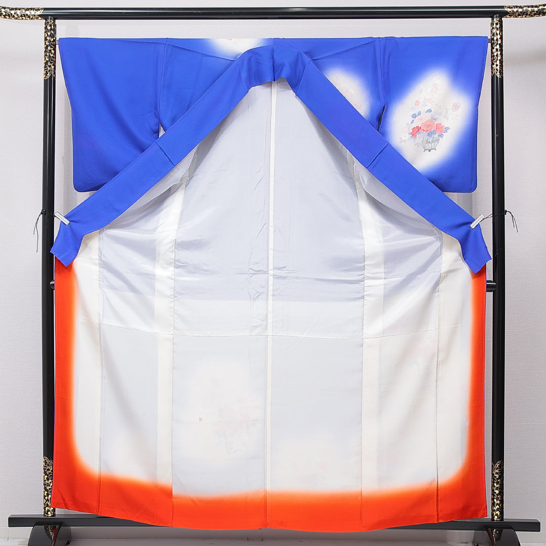 付下げ 袷 身丈162cm 裄丈67cm 正絹 Bランク インフォーマル バチ衿 Lサイズ ぼかし染 牡丹 青系 HP 1218-15895