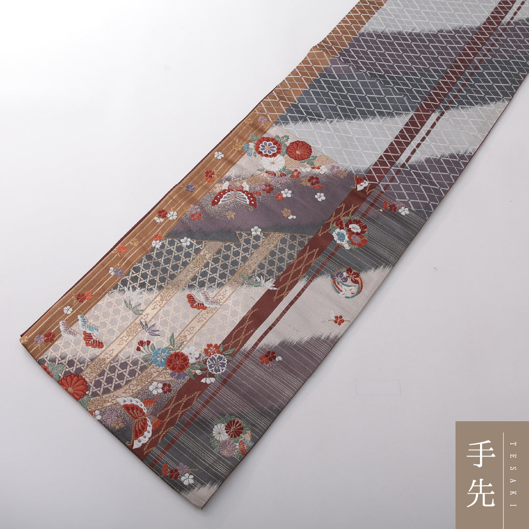 振袖用 袋帯 帯丈436cm 正絹 六通 蝶 光悦垣 吉祥文様 多色系 1243-02114