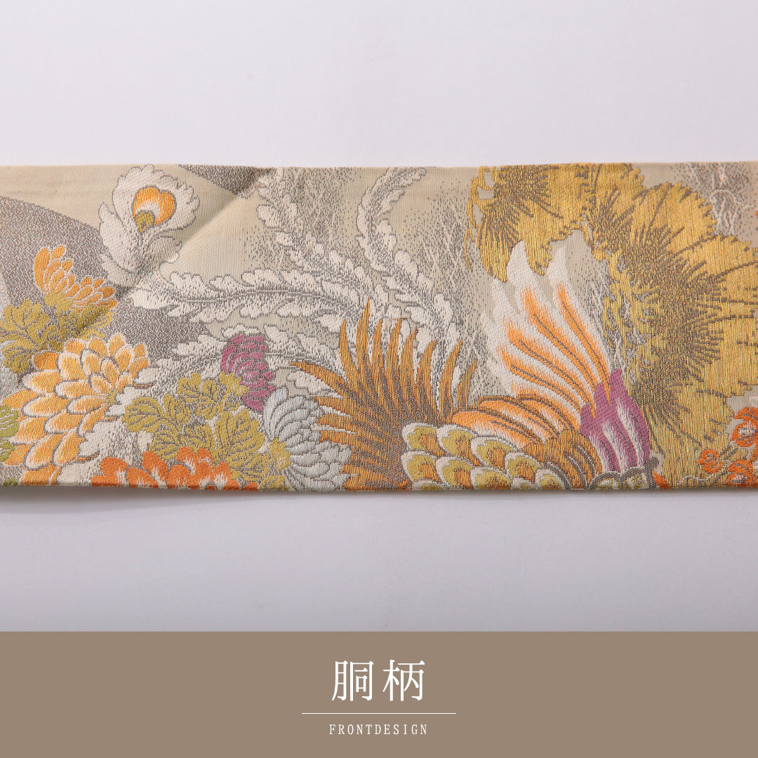 アンティーク 九寸名古屋帯 帯丈341cm セミフォーマル 名古屋仕立て 全通 Aランク 正絹 吉祥文様 桐 クリーム系 1224-03525