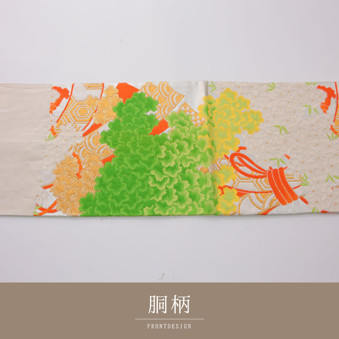 アンティーク 袋帯 帯丈416cm 六通 Aランク 正絹 唐織 古典柄 クリーム系 1223-02320