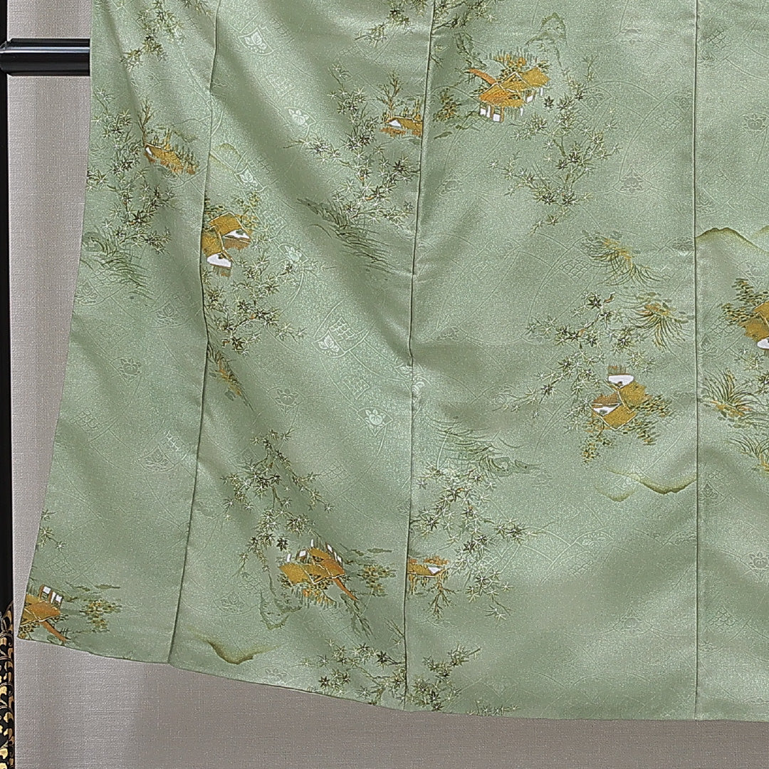 洗える着物 小紋 袷 身丈148cm 裄丈62cm ポリエステル Sランク 紋意匠 (吉祥文様) インフォーマル 広衿 XSサイズ 織り出し 茶屋辻 緑系 RP 1221-16108
