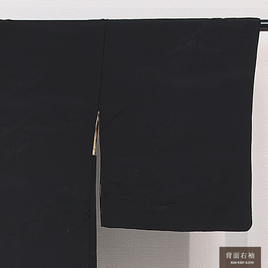 黒羽織 袷 身丈79cm 裄丈64cm 正絹 Sランク 一つ紋 (揚羽蝶) 紋意匠 (松) セミフォーマル Mサイズ 紐あり 黒系 RP 1233-15313