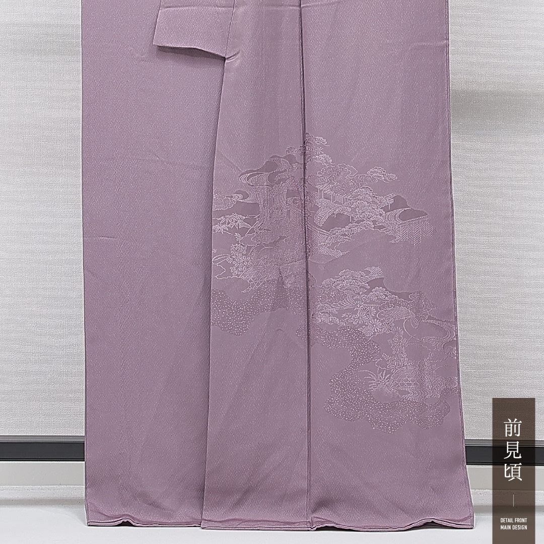 色無地 袷 身丈164cm 裄丈64cm 正絹 Aランク Lサイズ 広衿 一つ紋（五三桐） セミフォーマル 松 訪問着 紫系 1214-15667