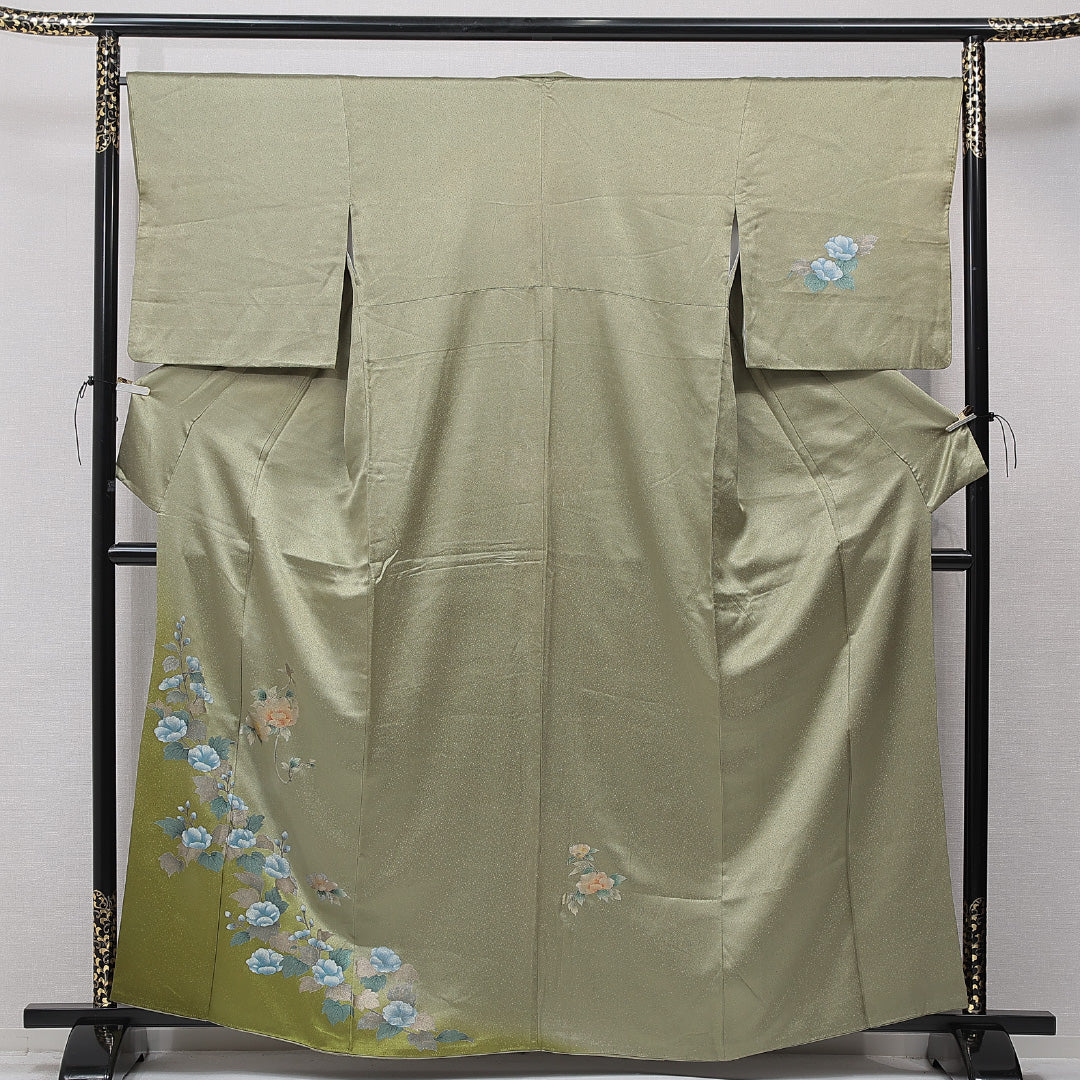 訪問着 袷 身丈161cm 裄丈67cm 正絹 Cランク Lサイズ 広衿 セミフォーマル 牡丹 緑系 1212-15660