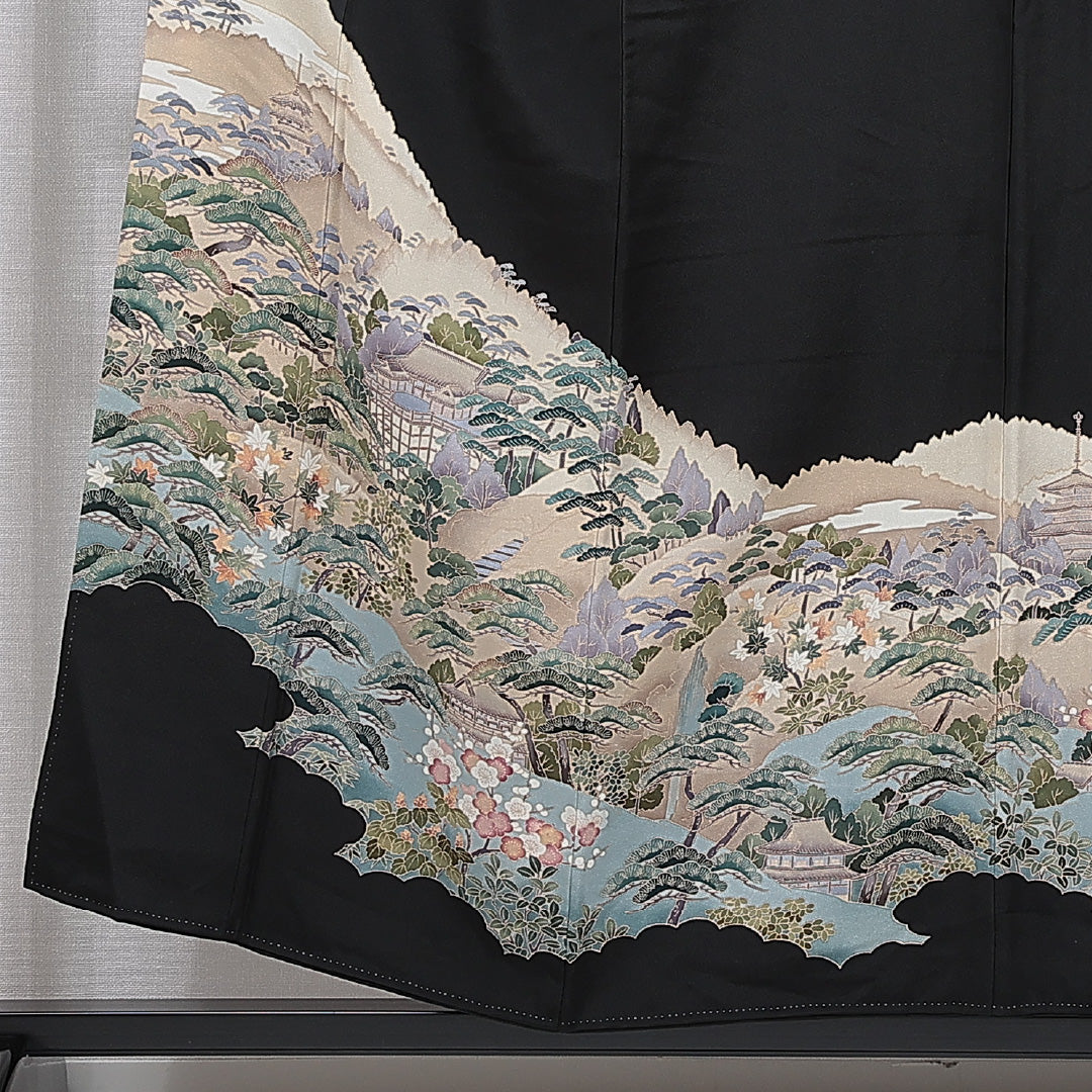 黒留袖 袷 身丈154cm 裄丈63cm 五つ紋 三つ割り桔梗 フォーマル Sランク Sサイズ 正絹 比翼仕立て 広衿 清水寺 京洛百景 松 落款 1211-F0750