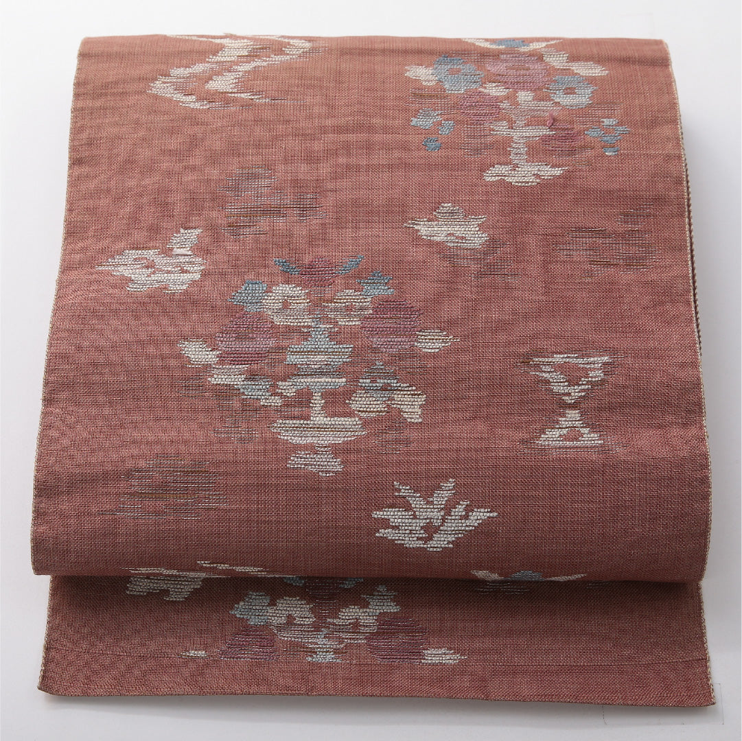 八寸名古屋帯（紬） 帯丈345cm カジュアル 松葉仕立て 六通 Cランク 正絹 創作柄 ピンク系 1224-03713