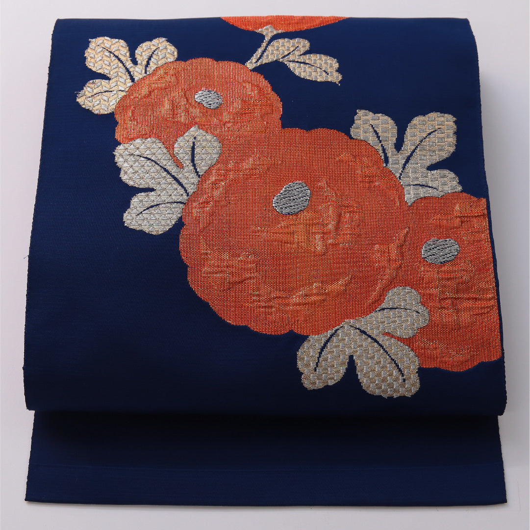 八寸名古屋帯 帯丈354cm いづくら帯 カジュアル 松葉仕立て ポイント柄 Sランク 正絹 ふくれ織 菊 青系 1224-03239