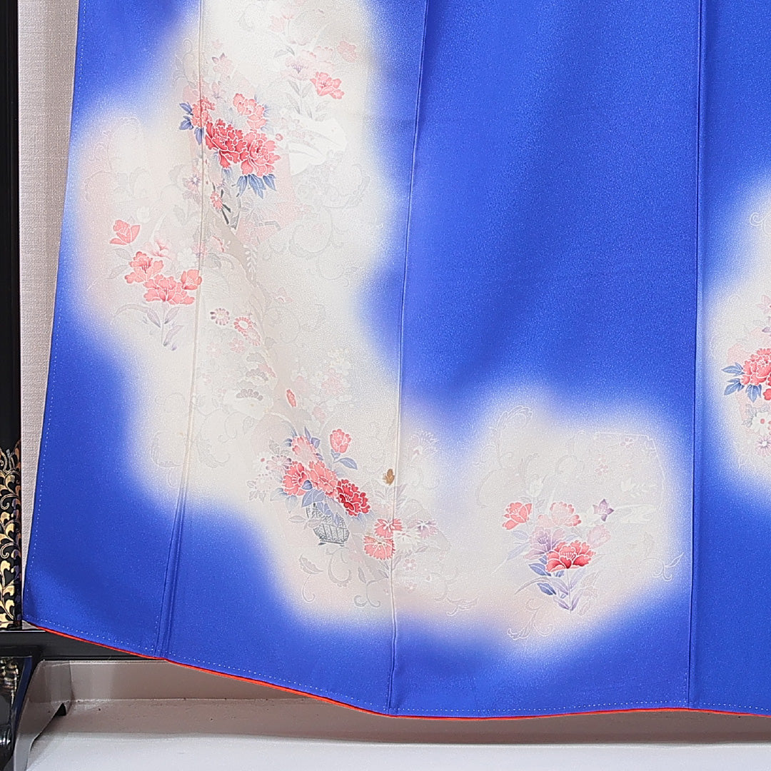 付下げ 袷 身丈162cm 裄丈67cm 正絹 Bランク インフォーマル バチ衿 Lサイズ ぼかし染 牡丹 青系 HP 1218-15895