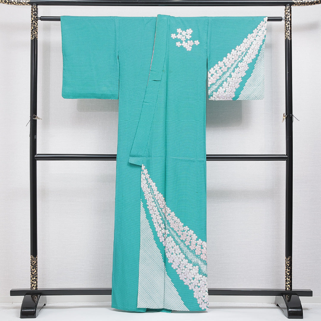 付下げ 洗える着物 単衣 身丈160cm 裄丈63cm ポリエステル Cランク Lサイズ バチ衿 インフォーマル 花柄 緑系 青系 1261-16300